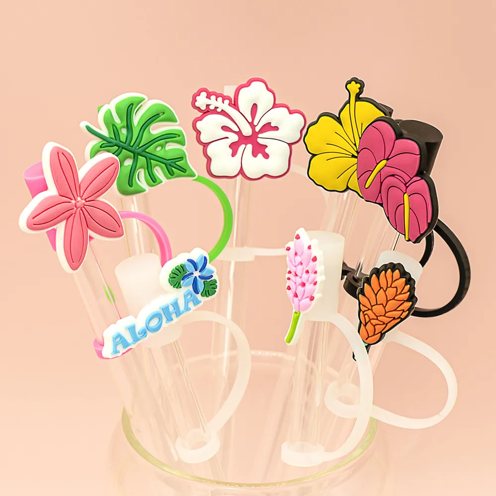 Hawaiian Resort Cartoon Silicone Straw Cap Tropical Floral Dustproof Straw Cover For Stanley Tumbler Cup