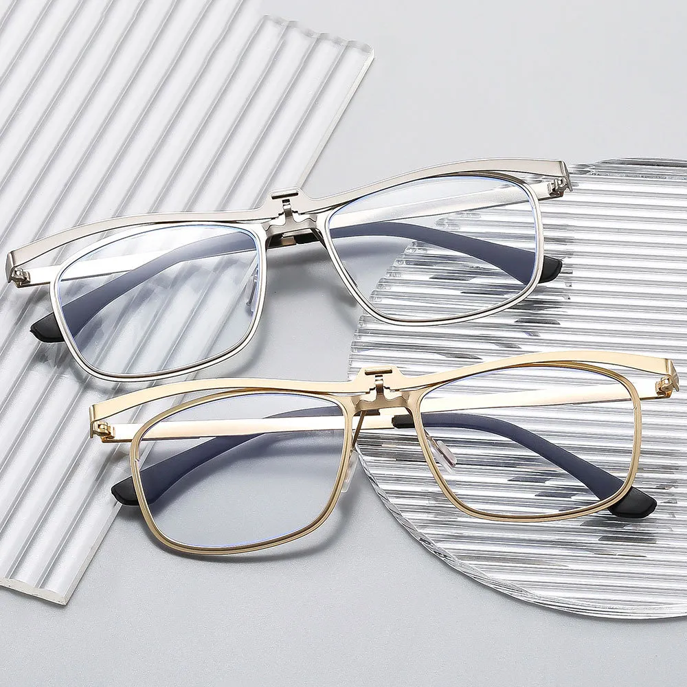 Gafas de Lectura de Metal Retro Abatibles para Hombres Mujeres Lentes HD Anti Luz Azul Montura Cuadrada Negocios