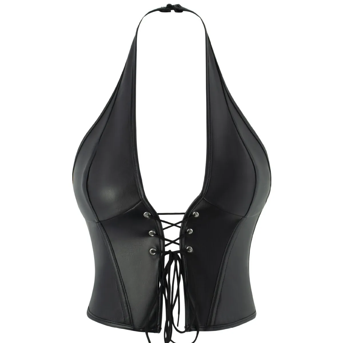 Women Sexy Halter PU Leather Corset Top Lace-Up Backless Bustier Crop Top Body Shaping Waist Cincher Vest Party Clubwear
