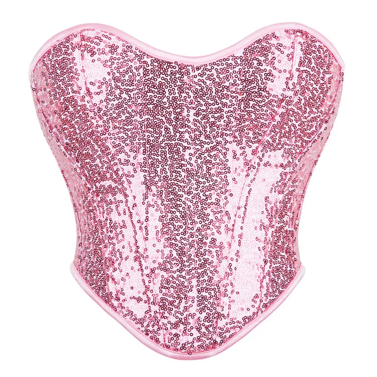 Top Corsetto Bustier Senza Spalline con Paillettes Sexy da Donna Scollo a Cuore Schiena Scoperta Allacciato