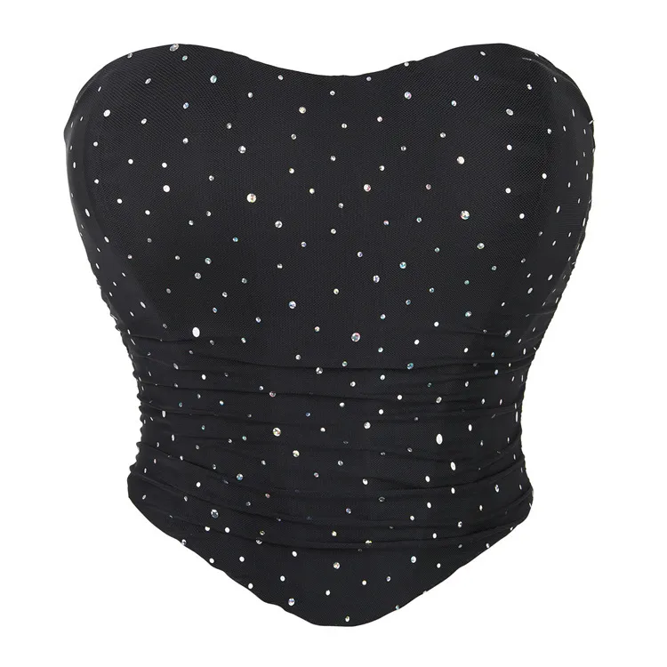 Women's Sexy Strapless Tube Top Mesh Rhinestone Decorated Slim Fit Corset Shapewear Party Clubwear Top