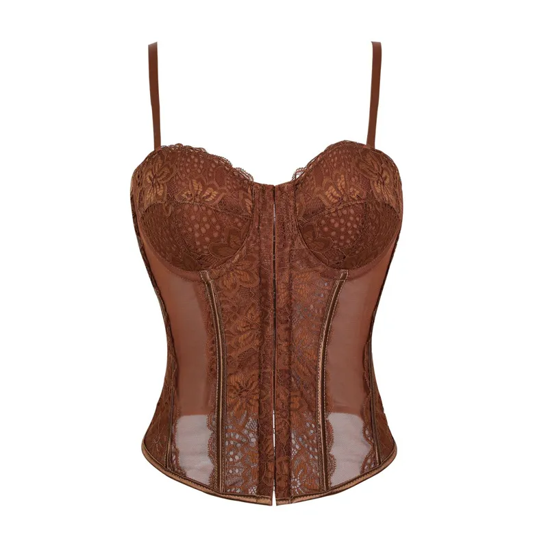 Sexy Encaje Malla Transparente Con Ballenas Mujer Corsé Camisola Top Moldeador Color Sólido Ajustado Sin Mangas Corchetes