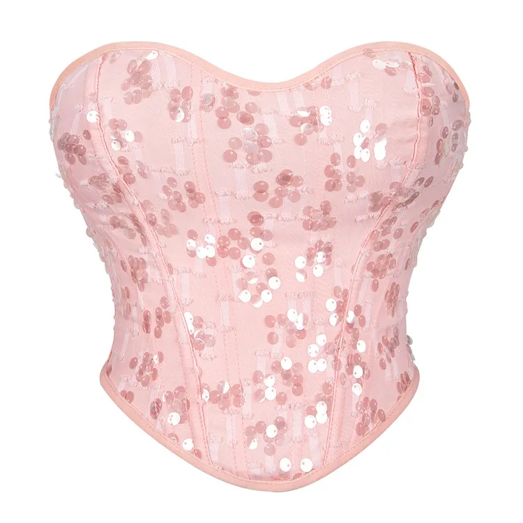 Damen Sexy Pailletten Trägerloses Bustier Korsett Top Herz-Ausschnitt Formendes Crop Top Party Clubwear Polyester