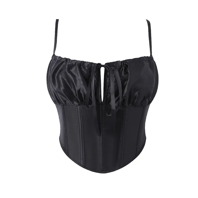 Sexy Womens Satin Corset Top Black Back Lace Up Front Tie Boned Bustier Crop Tank Top Slim Fit Fashion Streetwear