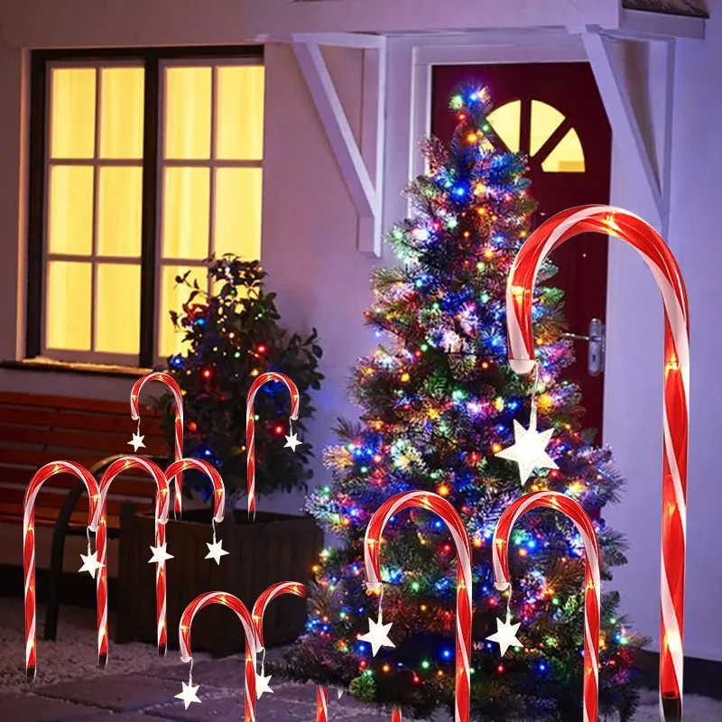 Kerst Zonne-energie Zuurstok Gazon Verlichting Buiten Tuin Pad Decoratieve LED Lichtketting Met Ster Sneeuwvlok Hanger