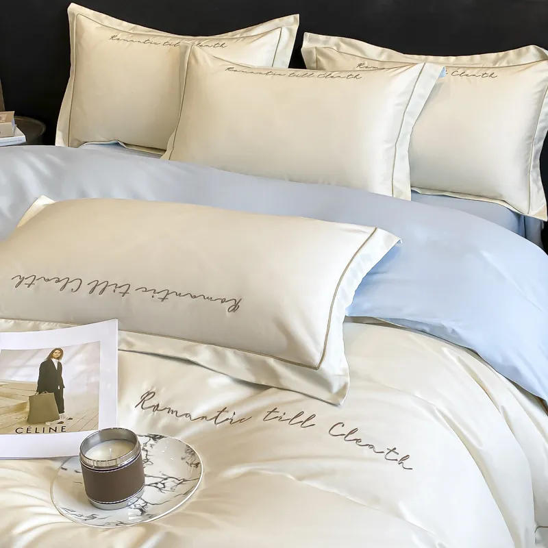 Algodón Puro Bordado Conjunto de Ropa de Cama Moderno Minimalista Lujo Funda de Edredón Sábana Para Hogar Dormitorio