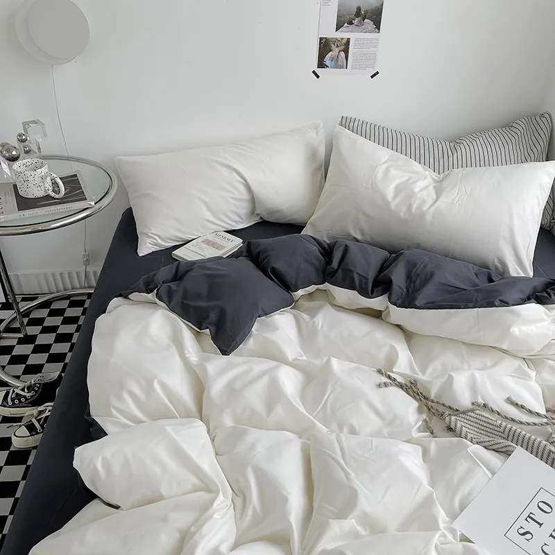 Parure de Lit en Coton Lavé Couleur Unie Moderne Minimaliste Bicolore Housse de Couette Drap de Lit Taies d'Oreiller Maison Chambre