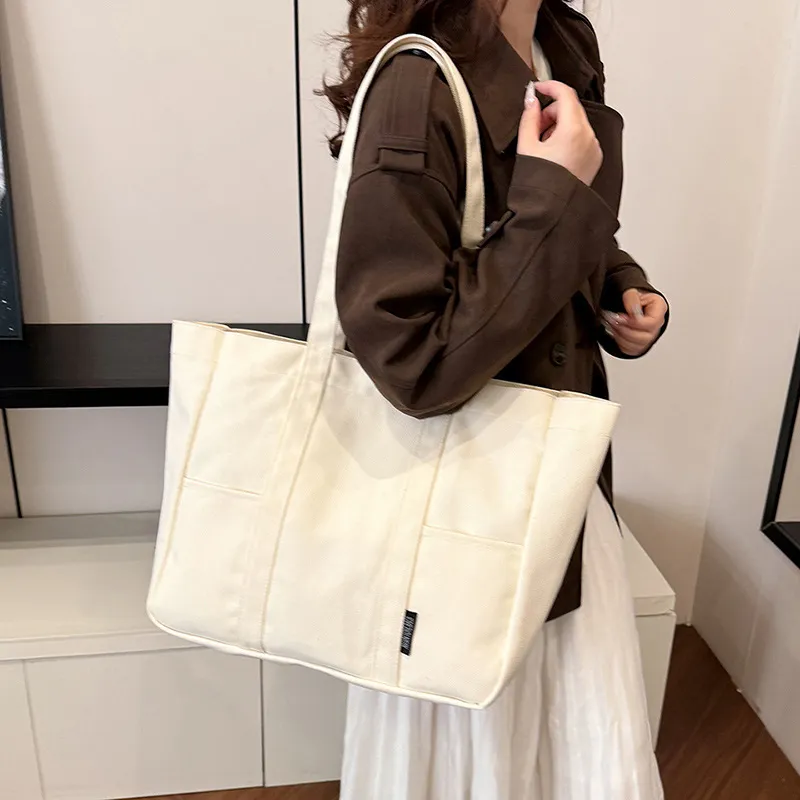Large Capacity Canvas Tote Bag For Women Casual Japanese Style Shoulder Bag Multi Pocket Handbag Daily Commute Book Bag