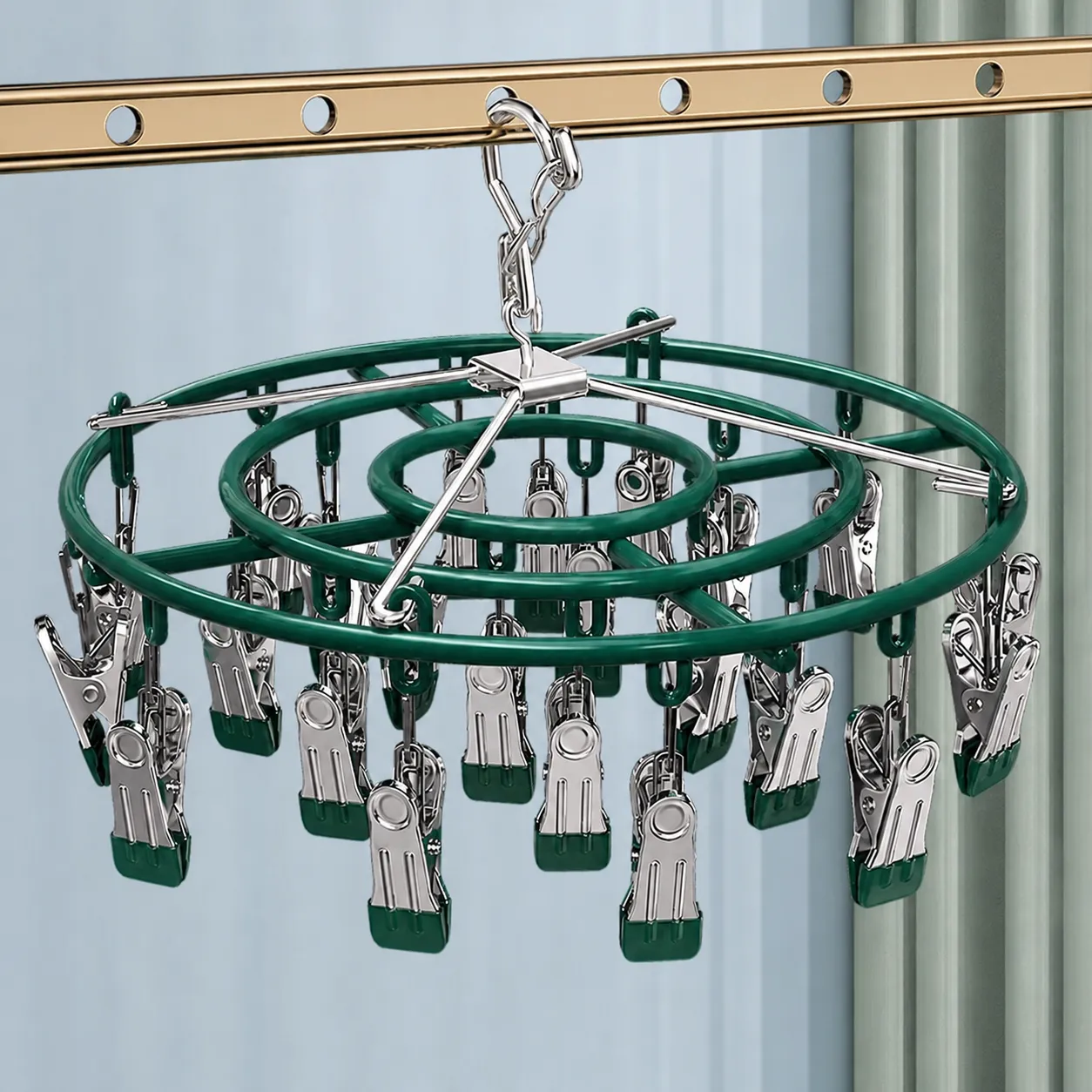 Séchoir à Chaussettes en Acier Inoxydable 24 Pinces Cintre Rond Résistant au Vent Rotatif Organisateur Multifonctionnel pour Sous-Vêtements Balcon Maison