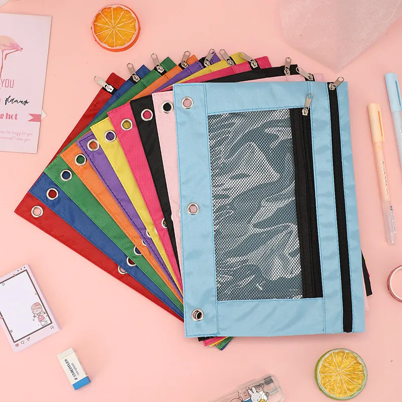 Trousse à Crayons en Tissu Oxford pour Reliure à 3 Anneaux Grande Capacité Sac à Documents Zippé Avec Fenêtre en Maille pour Fournitures Bureau
