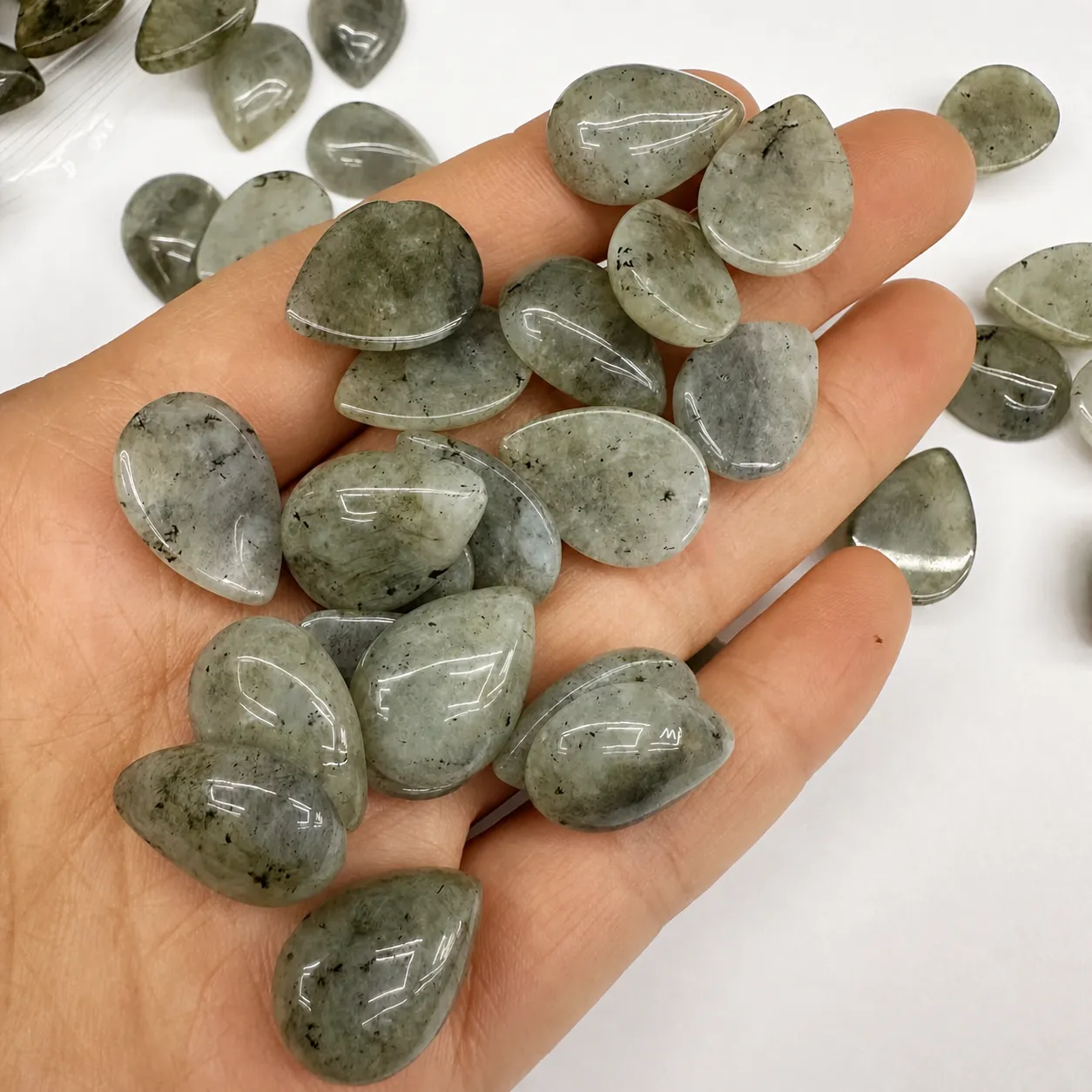 Natural Grey Labradorite Teardrop Cabochon Flatback Stone For DIY Jewelry Making Ring Pendant Earrings Accessory Polished Gemstone