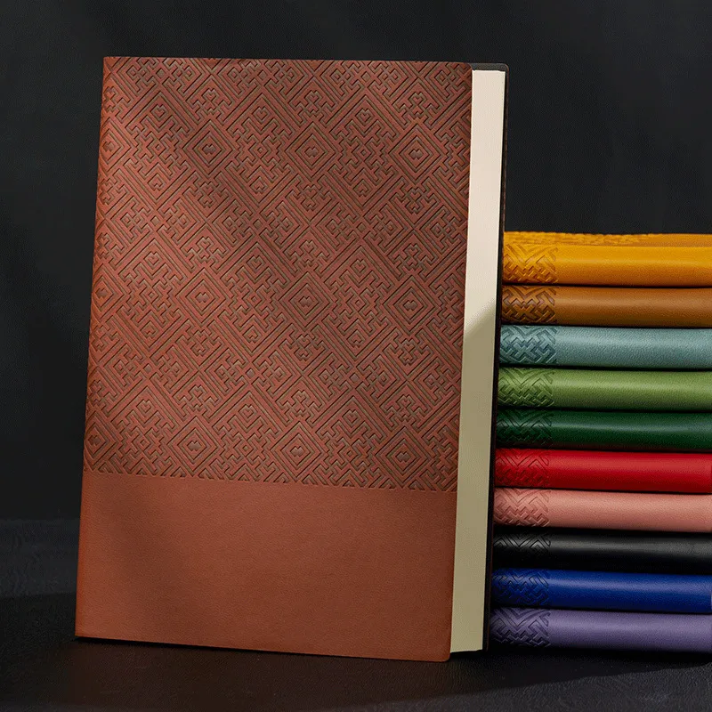 Vintage Meander Embossed PU Leather Business Notebook Thickened Journal Office Work Note Taking Notepad Stationery