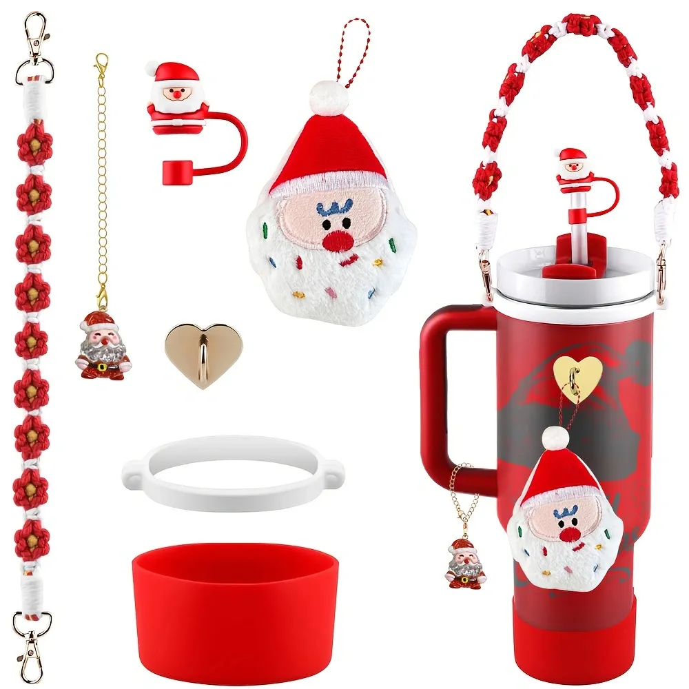 Conjunto de Funda y Correa para Botella de Agua de Navidad Con Colgante de Peluche Cubierta de Paja Decoración Festiva