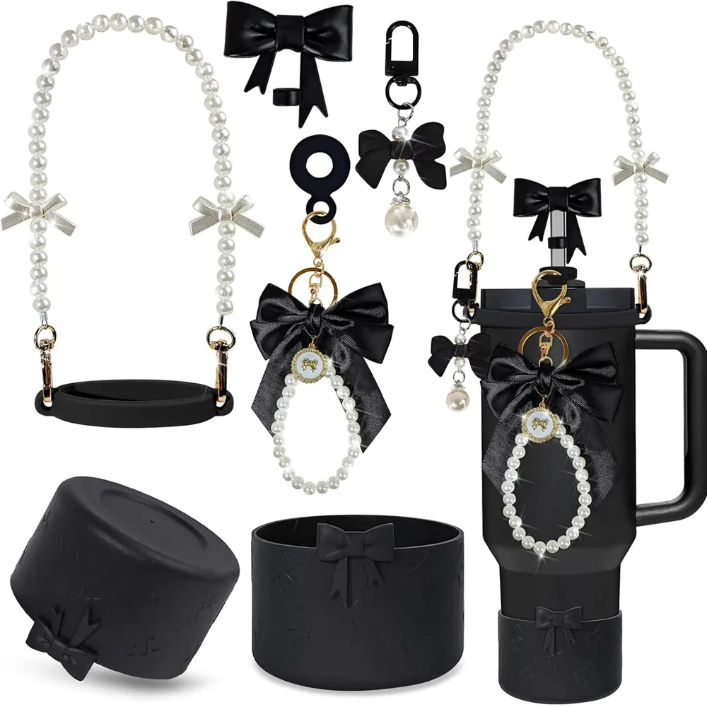 Housse de Fond de Bouteille d'Eau en Silicone Couvercle de Paille Sangle de Poignée de Perle Nœud Papillon Porte-Clés Accessoires de Tasse pour Gobelet