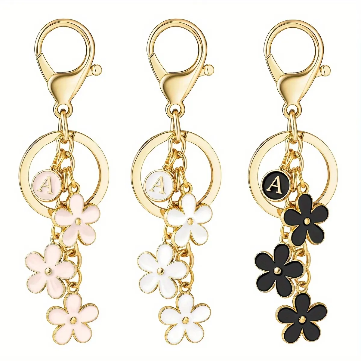 Metal Initial Letter Flower Keychain Cute Floral Bag Car Hanging Ornament Enamel Key Chain Women Fashion Jewelry