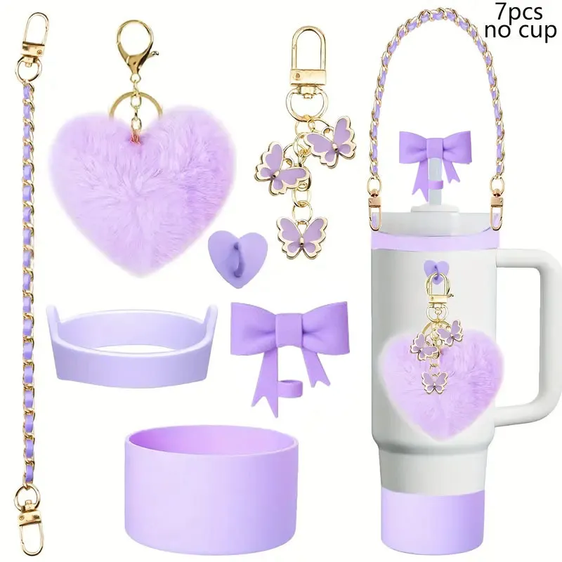 Water Bottle Accessories Set Butterfly Keychain Plush Heart Pendant Metal Chain Silicone Boot Cup Charm Jewelry Gift
