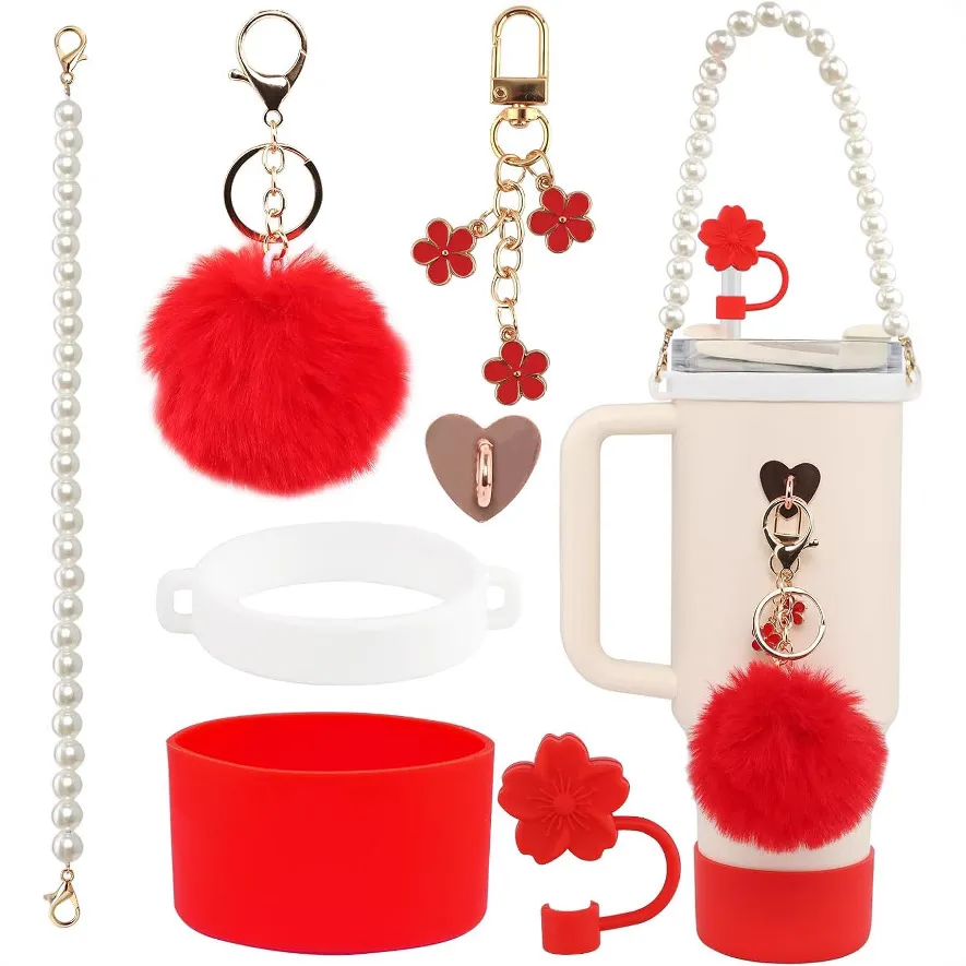 Cadena de Perlas Bolso Colgante de Bola de Peluche Tapa de Pajita de Silicona Correa de Taza Juego de Accesorios para Botella de Agua