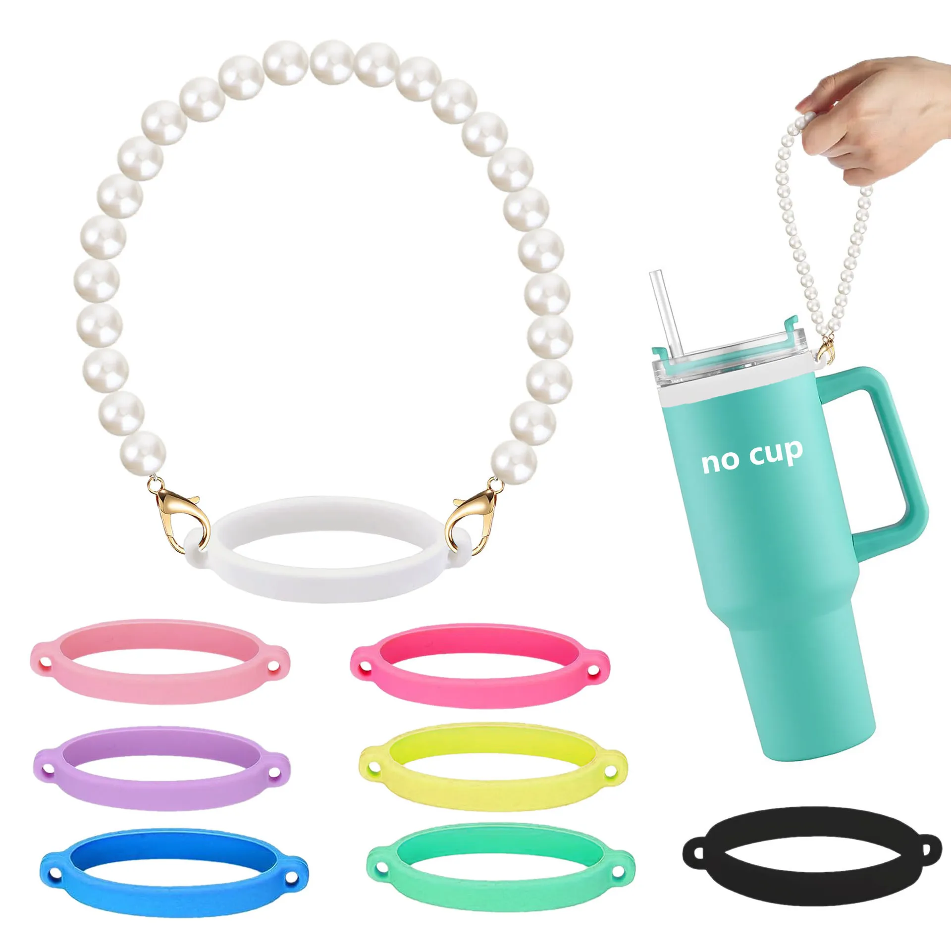 Pearl Water Bottle Lanyard Beaded Cup Strap Holder Silicone Ring Cup Accessories