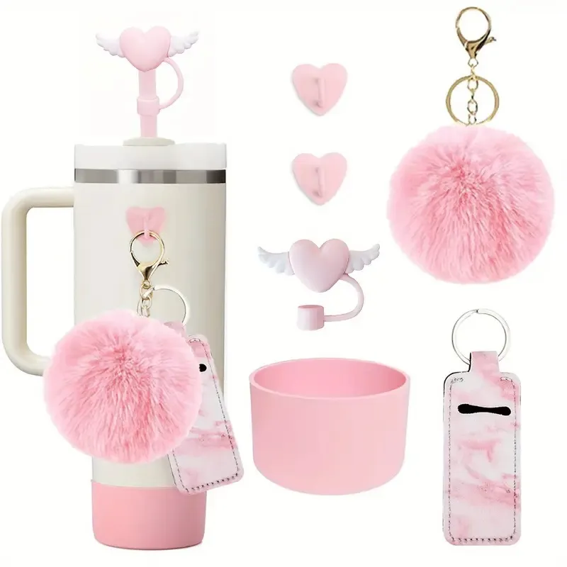 Tumbler Accessories 6 Piece Set Silicone Protective Boot Pom Pom Charm Straw Cover Heart Hook And Lipstick Pouch