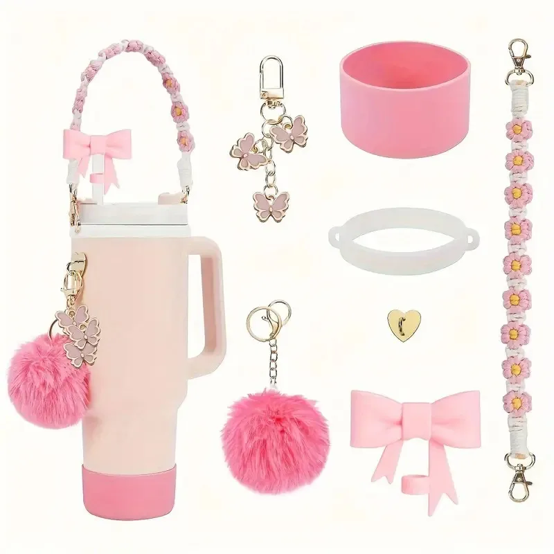 Insulated Tumbler Cup with Cute Butterfly Plush Pendant Braided Flower Chain Bow Cup Sleeve Drinkware