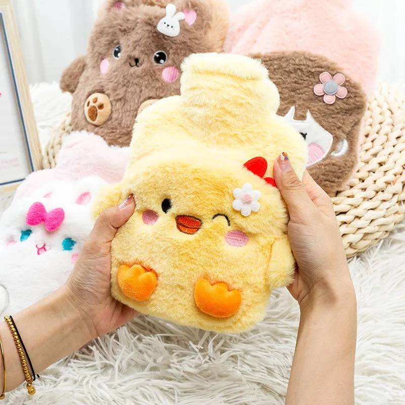 Cute Cartoon Plush Hot Water Bag Thickened PVC Water Filling Hand Warmer Detachable Warm Water Bottle Winter Gift