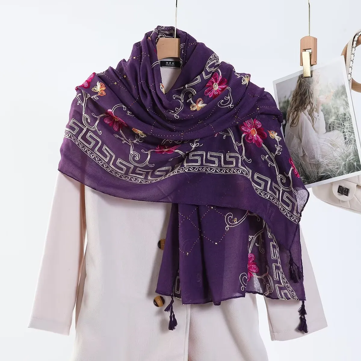Women Bohemian Embroidered Tassel Scarf Polyester Rhinestone Shawl Travel Sun Protection Long Headscarf