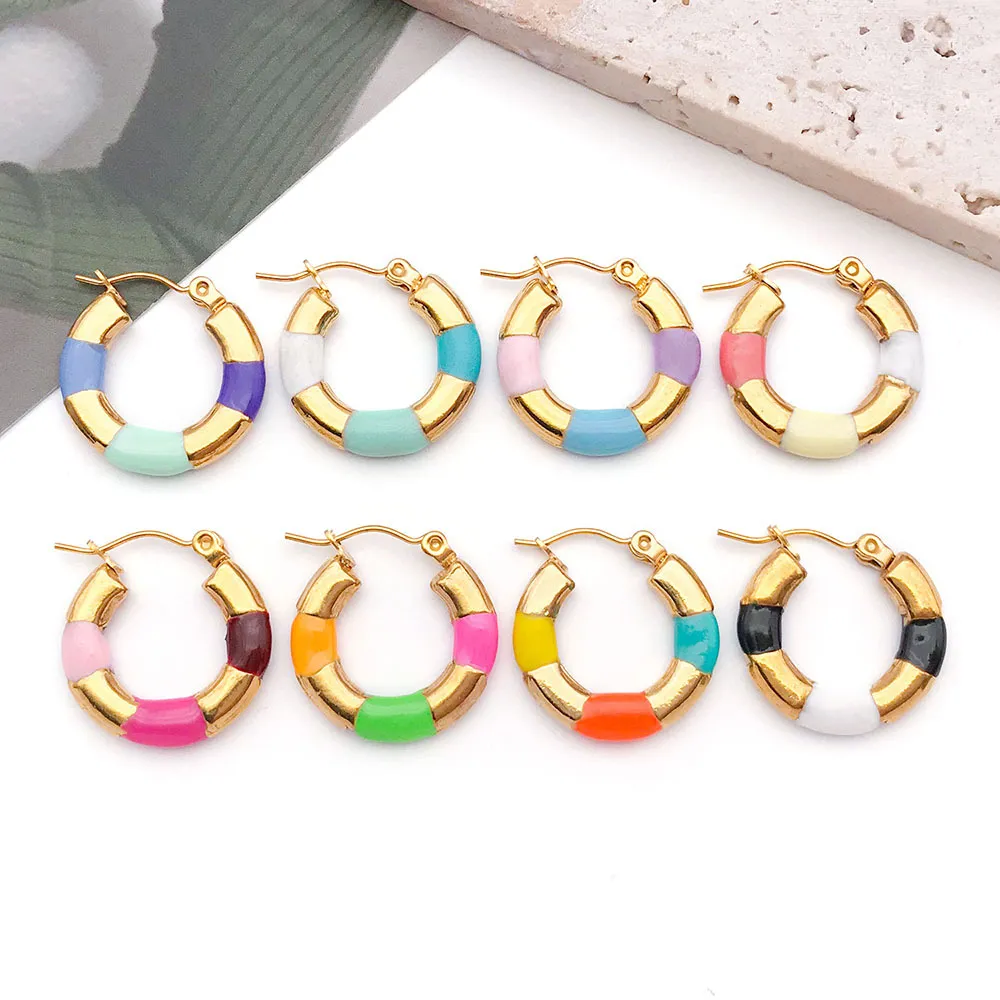 Minimalist Stainless Steel Colorful Oil Drip Bamboo Joint Hoop Earrings Geometric Titanium Steel Women Fashion Jewelry