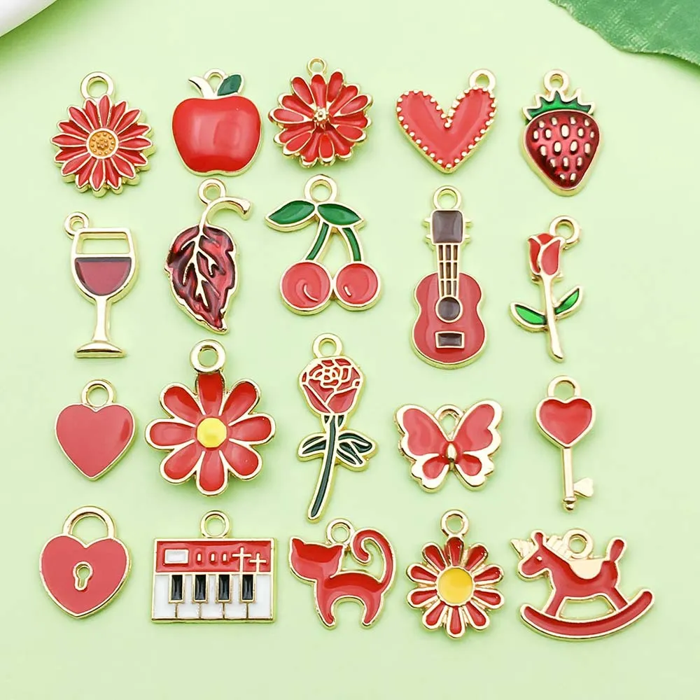 Red Oil Drop Alloy Pendant Charms Mixed Fruit Flower Leaf Charms For DIY Bracelet Necklace Jewelry Making Accessories