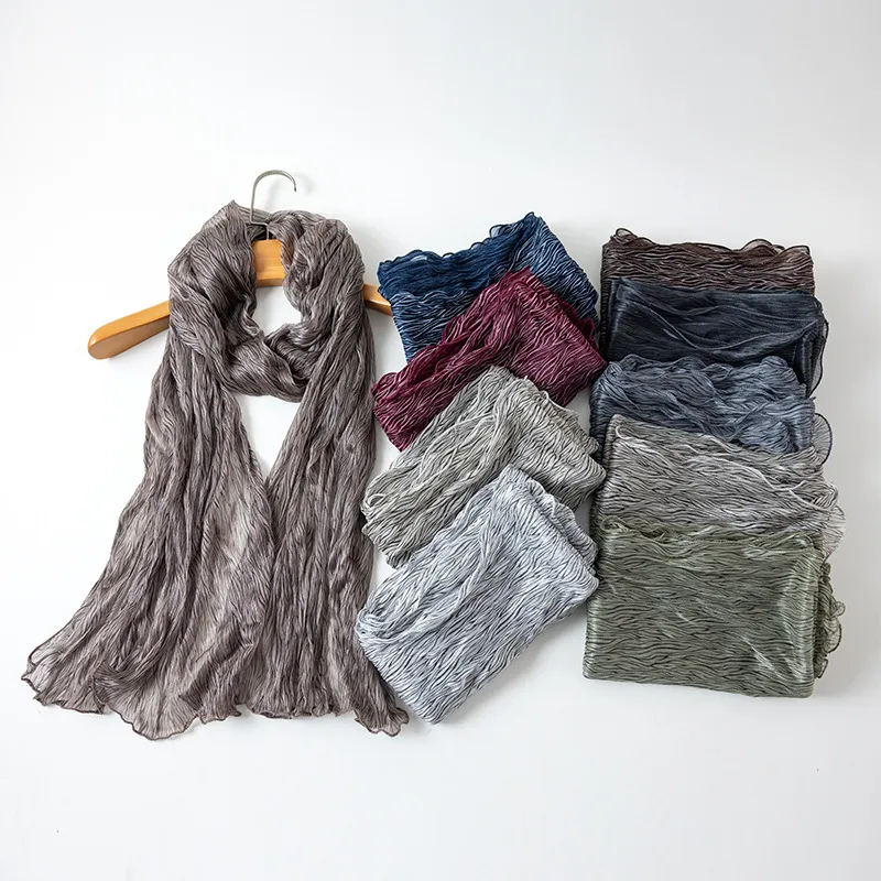 Women Pleated Striped Shiny Silk Bubble Crepe Scarf Lightweight Long Shawl Headscarf Sun Protection Fashion Accessory