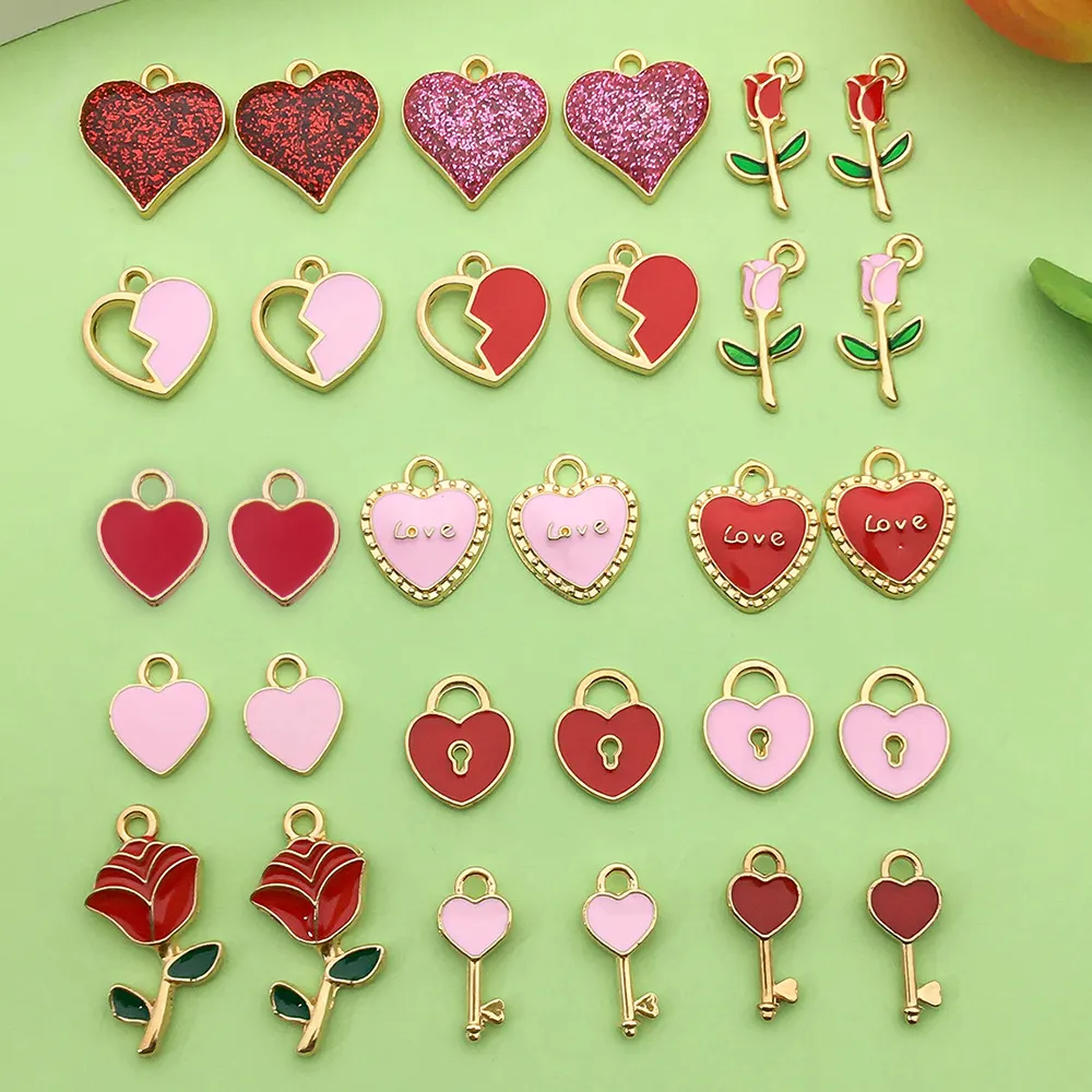 DIY Enamel Zinc Alloy Heart Rose Lock Key Pendants Charms Colorful Mixed Valentine's Day Jewelry Making Accessories
