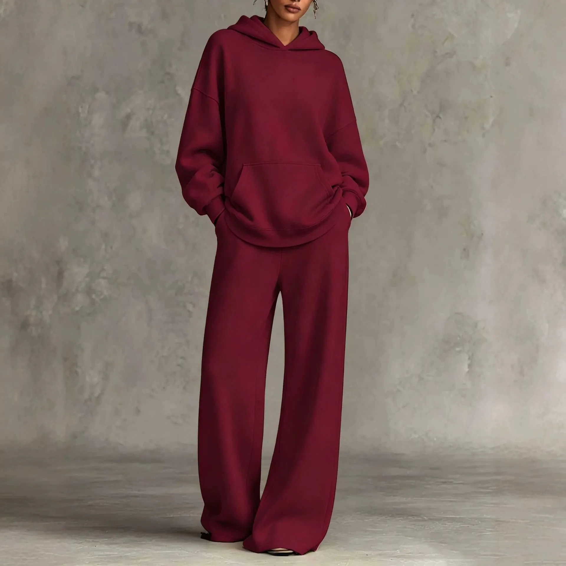 Damen Casual Polyester Sweatshirt Hose Loungewear Set Locker Rundhals Einfarbig Top And Bottom Bequem Langarm Weites Bein Trainingsanzug Herbst Urban Outfits