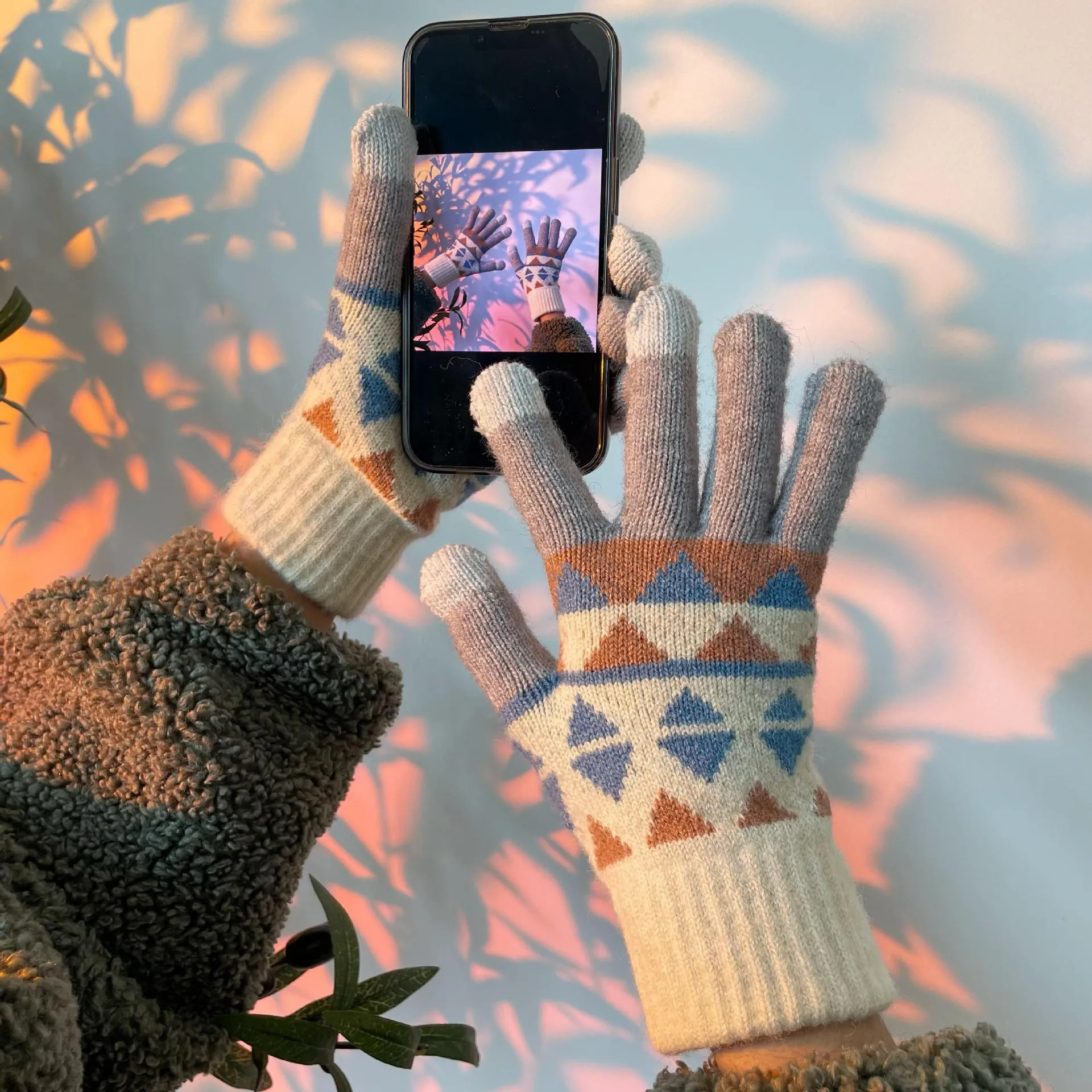 Winter Thermal Touchscreen Knit Gloves For Women Men Couple Thickened Warm Fleece Lined Outdoor Cycling Gloves Acrylic