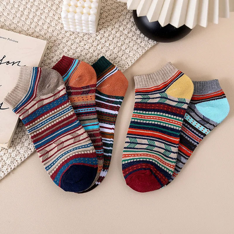 Herren Damen Retro Ethnischer Stil Bootssocken Vintage Bunte Gestreifte Baumwollmischung Kurze Socken Lässige Socken