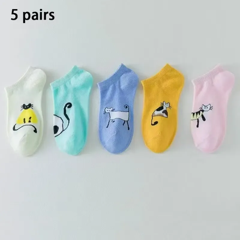 Women's Cute Cartoon Cat Print Boat Socks Summer Thin Low Cut Breathable Casual Short Socks