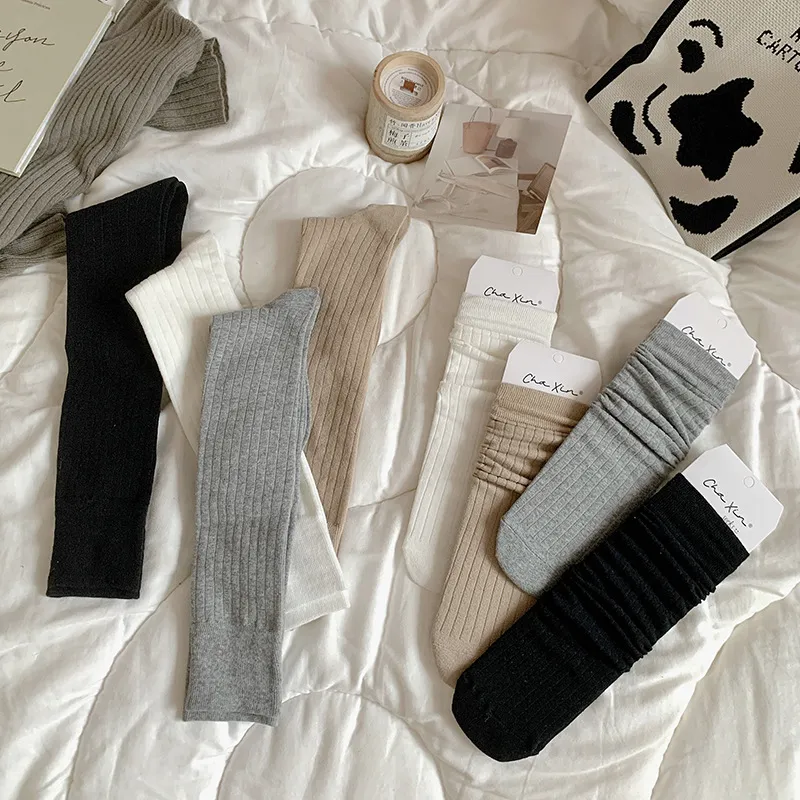 Women Fall Winter Solid Color Ribbed Knit Calf High Socks Fashion Casual Cotton Long Stockings Daily Wear