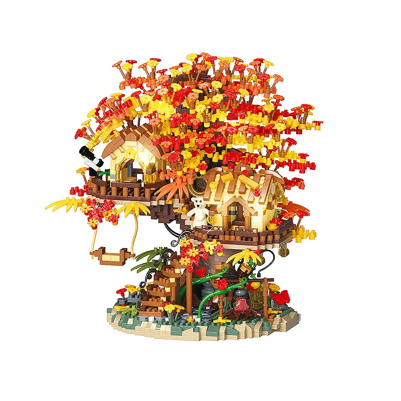 DIY Building Blocks Forest Tree House Miniature Landscape Building Kit With LED Warm Light Creative Desk Decor Toy Gift