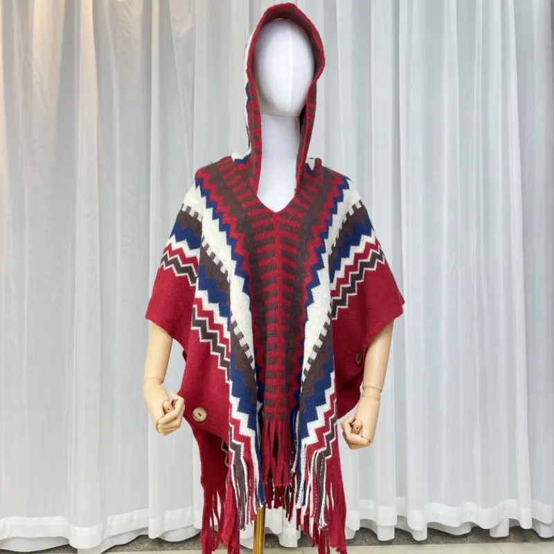 Women Vintage Ethnic Striped Knitted Tassel Cape Shawl Open Front Hooded Cardigan Poncho Winter Autumn Outerwear