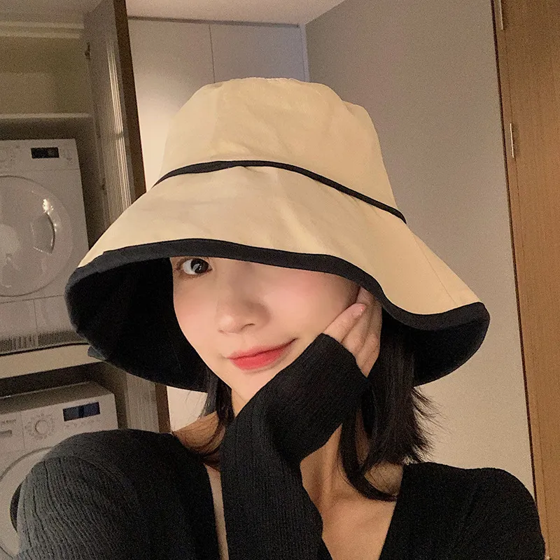 Chapeau Bob d'Été pour Femmes Large Bords Protection Solaire Style Coréen Casual Coton Chapeau de Pêcheur Uni Anti UV Casquette de Plage