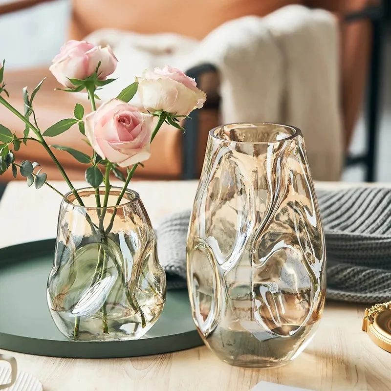 Modern Minimalistisch Onregelmatige Glas Vaas Transparant Amber Rookgrijs Kleurrijk Bloempot Woonkamer Tafeldecoratie