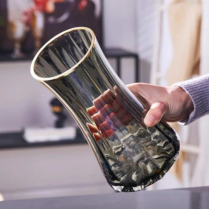 Nordischer Minimalistischer Klare Glasvase Vertikaler Streifen Kreativer Goldrand Blumenvasen Für Wohnzimmer Heimtisch Dekor