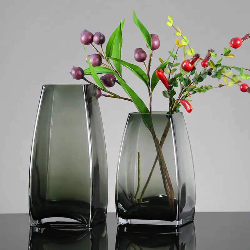 Modern Minimalistische Rauchgraue Glasvase Kreative Geometrische Klare Blumenvasen Für Wohnzimmer Tischdekoration Kunst