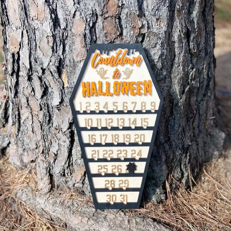 Halloween Coffin Countdown Calendar Wooden Table Ornament DIY Moving Block Calendar Wood Craft Spooky Holiday Party Home Decoration
