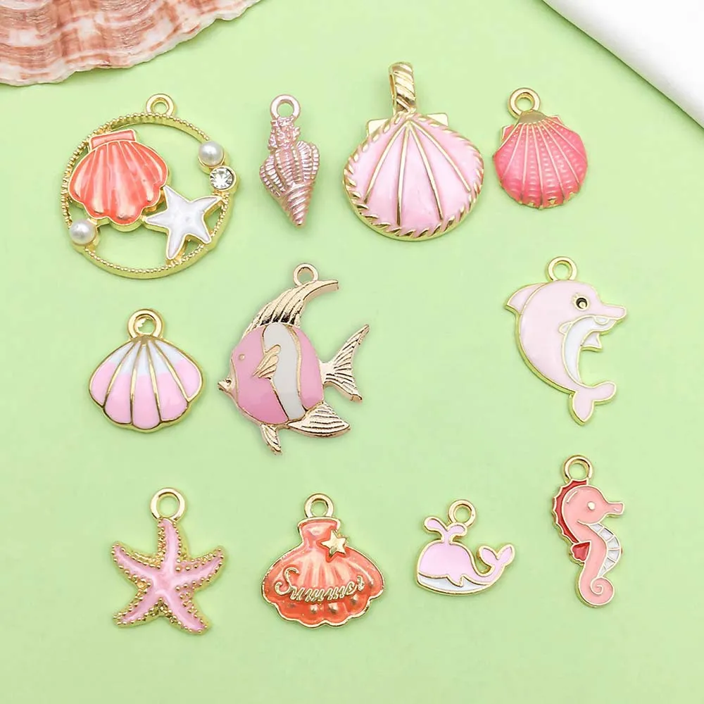 Pink Enamel Ocean Theme Alloy Charms Cute Seashell Starfish Whale Dolphin Pendant DIY Jewelry Accessories Making Craft