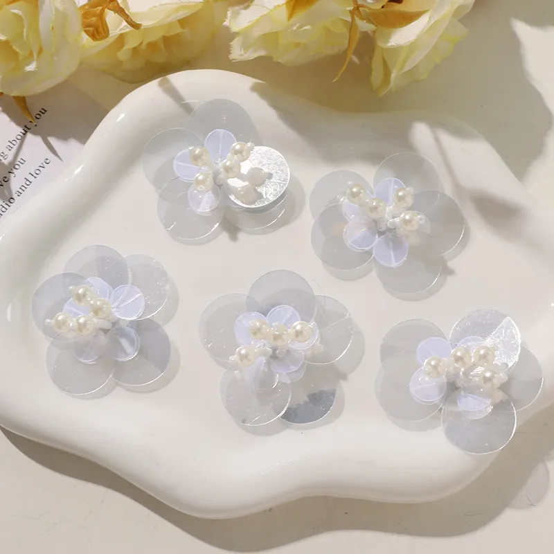 Handmade Woven Sequin Flower Applique Artificial Pearl DIY Clothing Shoe And Hair Accessories Decorative Patch