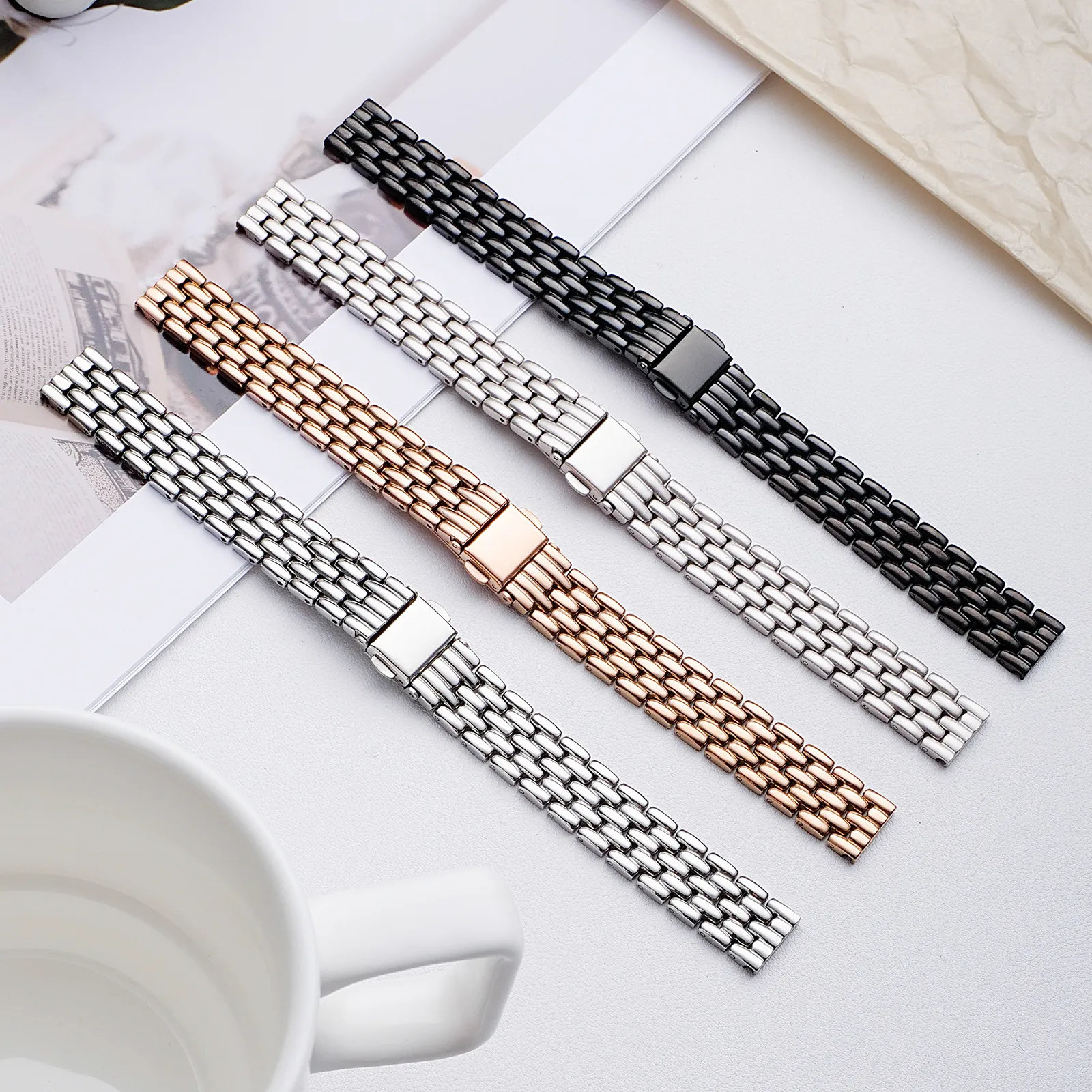 Stainless Steel Watch Band Five Beads Folding Clasp Metal Strap Fashion Replacement Wristwatch Accessories For Women