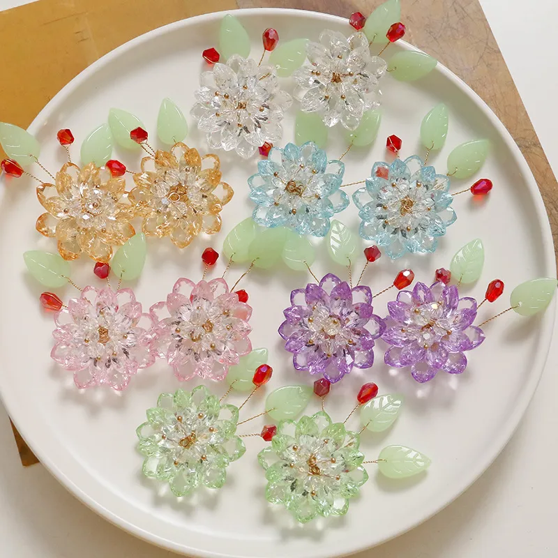 Handmade Colored Glaze Lotus Flower Hair Clip Earring DIY Material Vintage Woven Crystal Beaded Hair Accessories