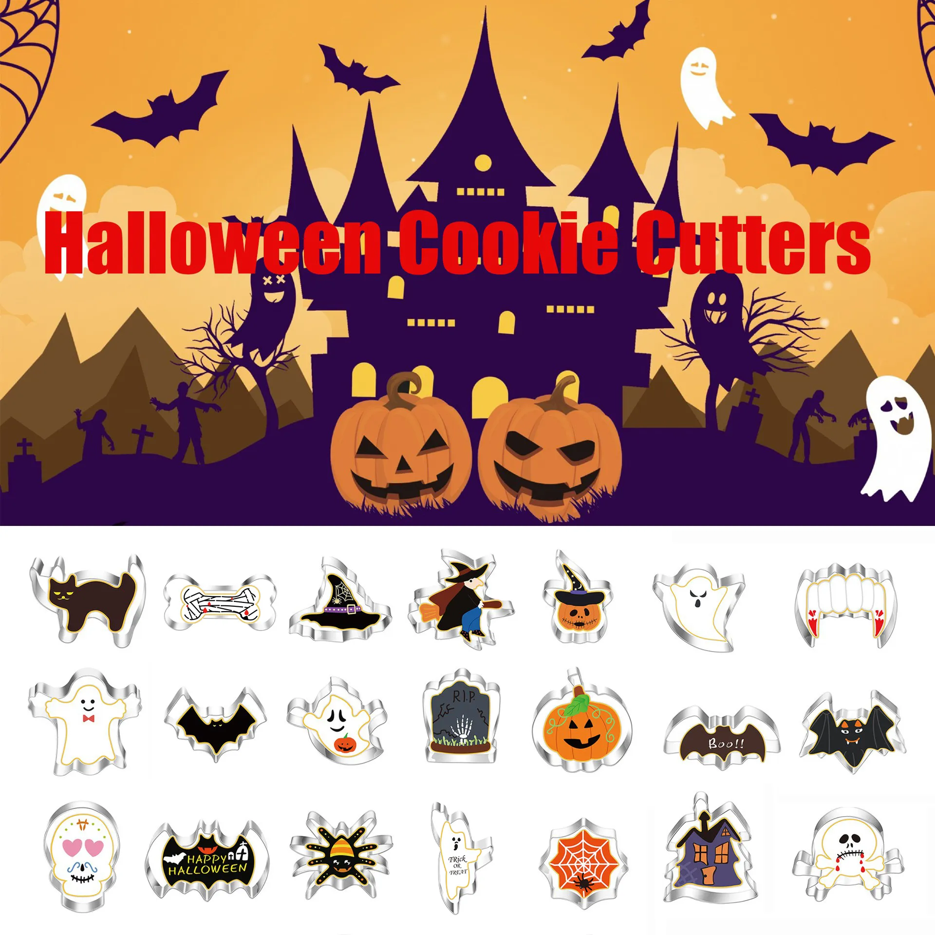 Stainless Steel Halloween Cookie Cutters Set Metal Baking Molds Pumpkin Ghost Bat Skull DIY Pastry Fondant Tools