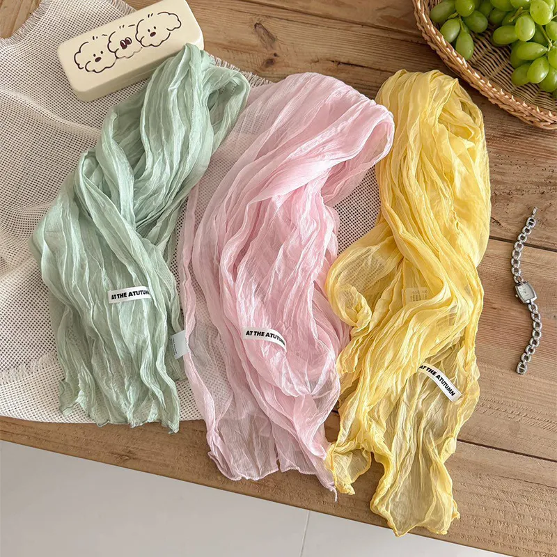 Womens Solid Color Pleated Long Scarf Lightweight Breathable Soft Neck Wrap Elegant Fashion Spring Summer Scarf
