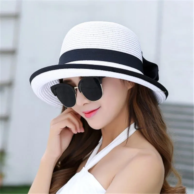 Sombrero de Paja de Verano para Mujer Ala Ancha Plegable Sombrero de Playa Casual Bucket Hat Con Lazo Sombrero de Sol Dulce