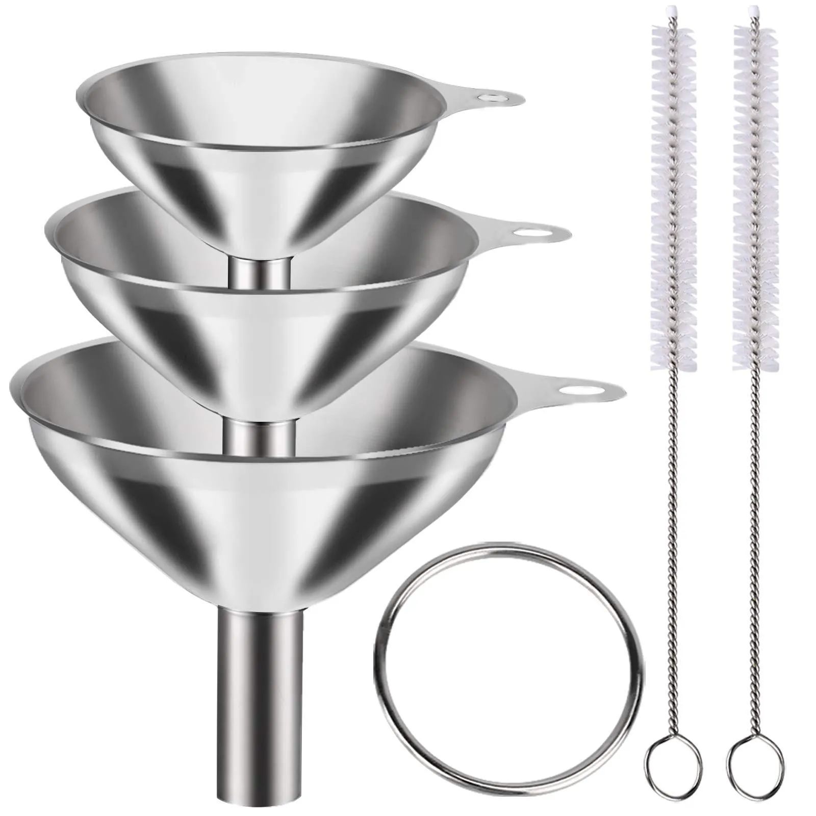 Stainless Steel Funnel Set Mini Kitchen Funnels With Cleaning Brushes For Liquid Oil Wine Transfer Cooking Tools